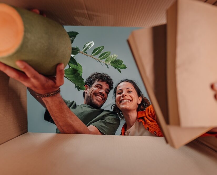 Young,Couple,Smiling,And,Unpacking,Belongings,From,Cardboard,Boxes,,Enjoying